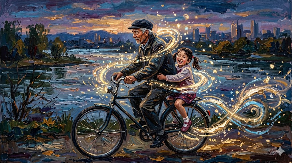 自転車に乗る平山とニコ