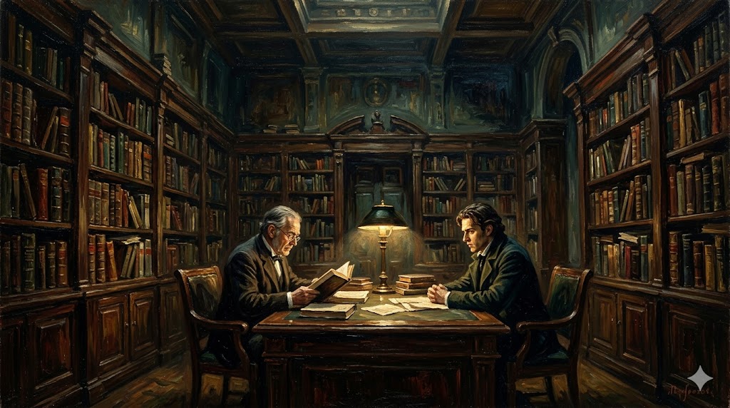 重厚な書斎で語り合う老人と青年