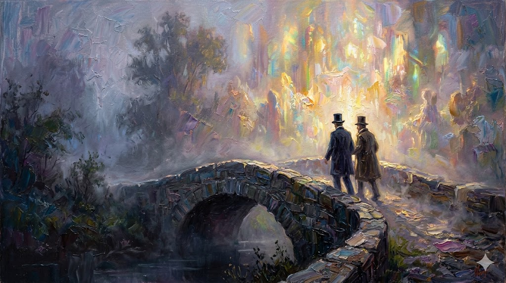 霧の向こうへ歩む二人の背中