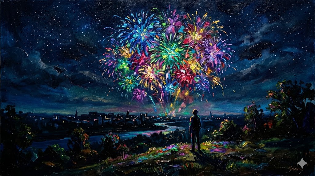 夜空を彩る巨大な花火と影